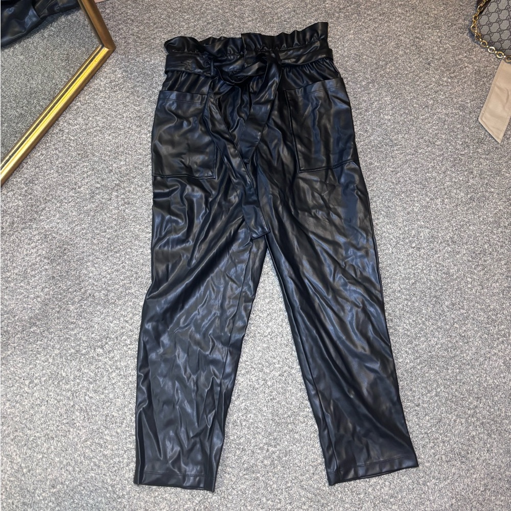 Black Faux Leather Ruffled High Waisted Pants